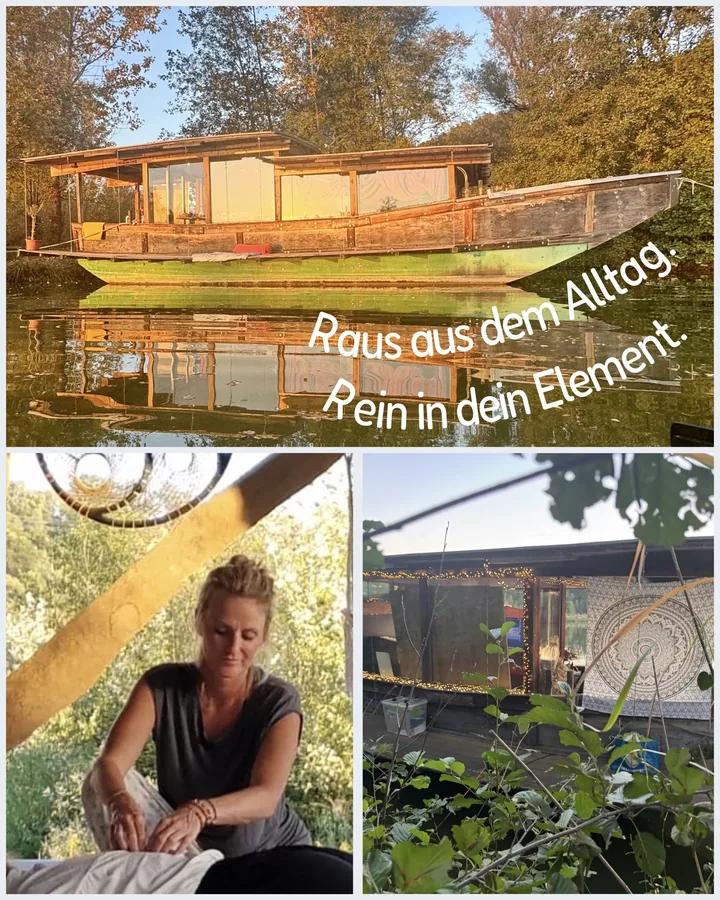 Collage mit Hausboot, Shiatsu-Behandlung und dem Schriftzug Raus aus dem Alltag. Rein in dein Element.
