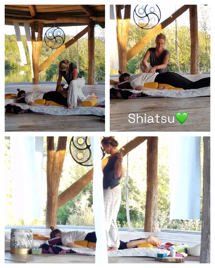 Drei Einblicke in eine Shiatsu-Behandlung auf einer überdachten Holzterrasse am See