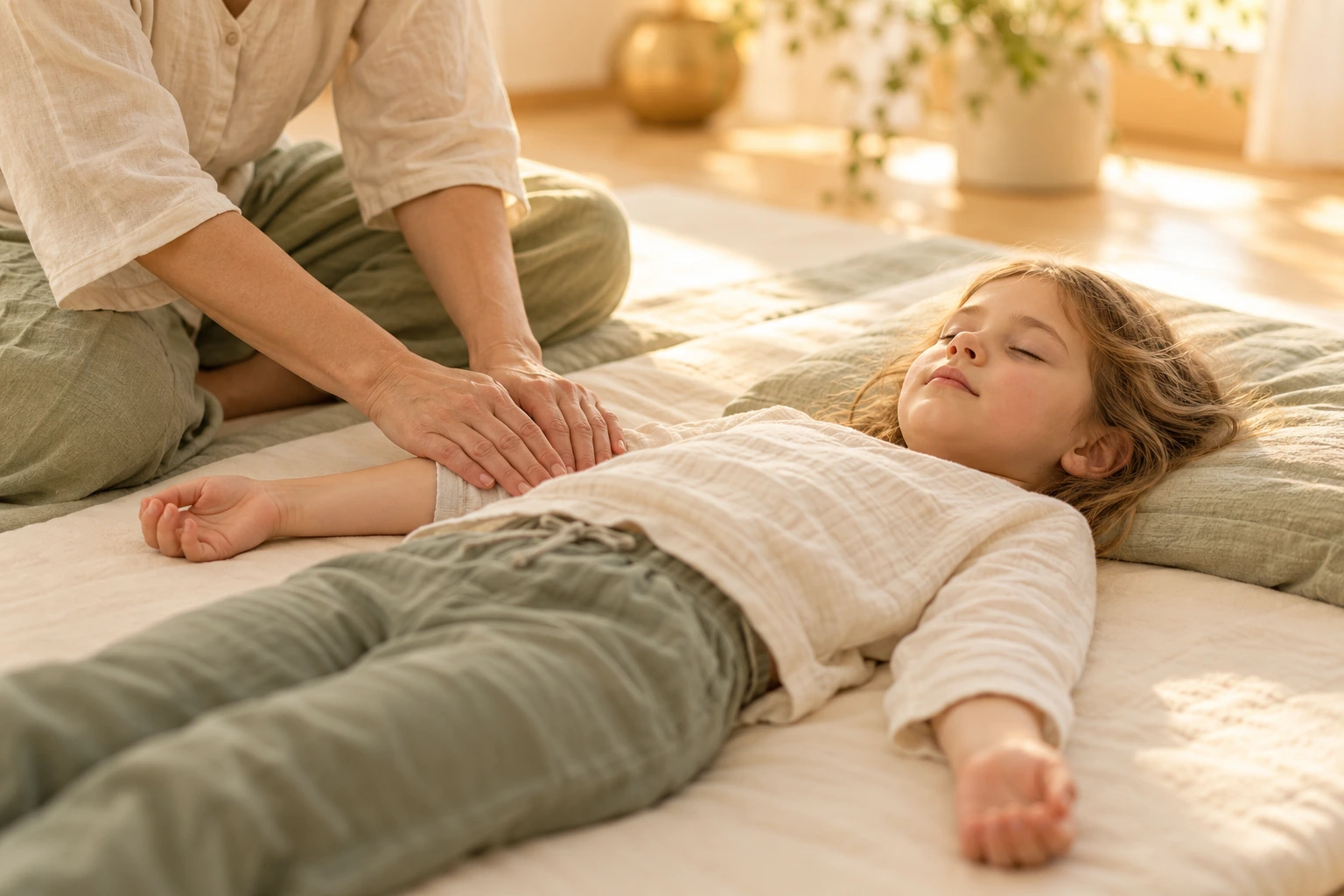 Illustration: Sanfte Shiatsu-Berührung bei einem entspannten, bekleideten Kind